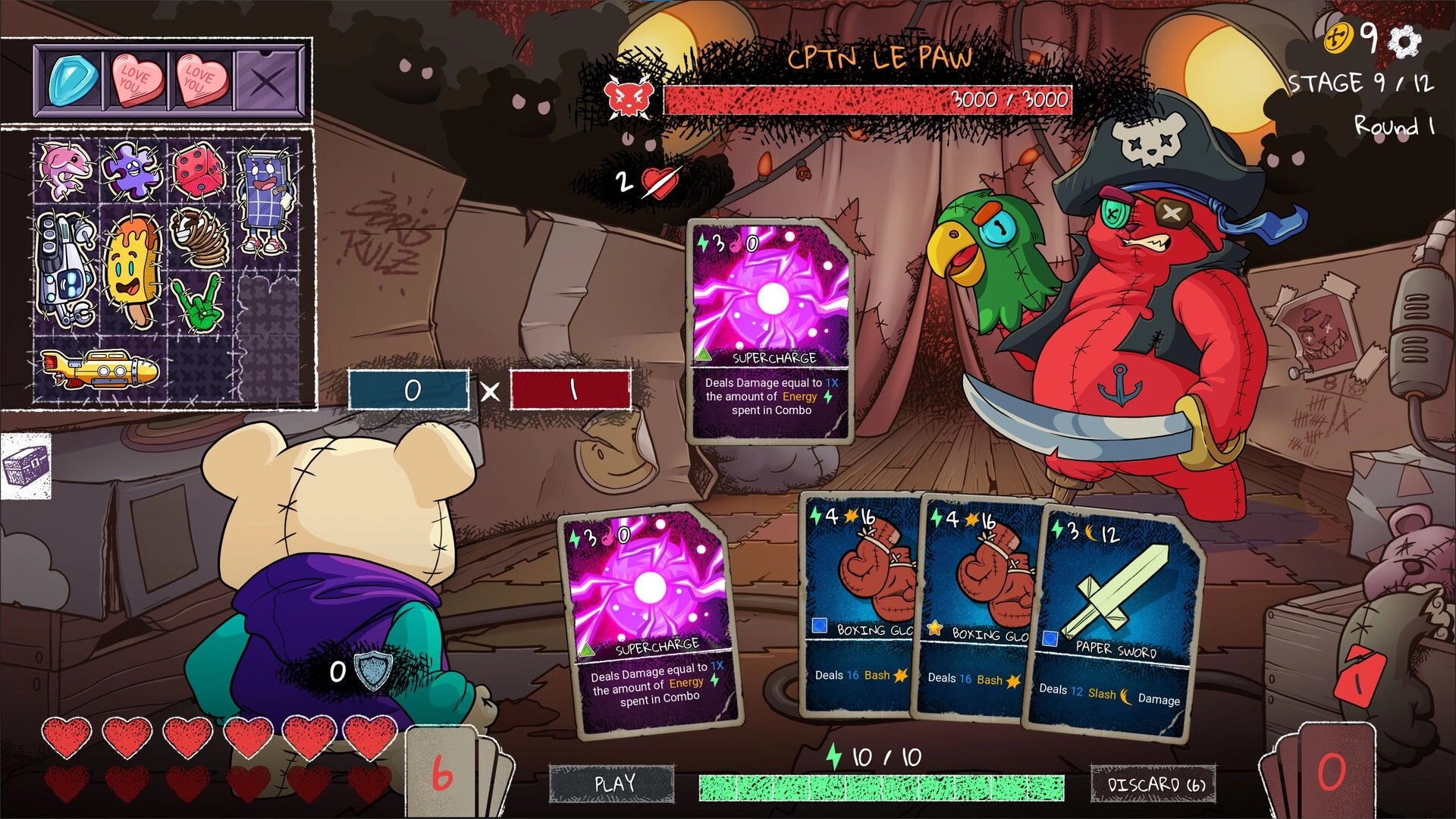 Bearly Brave: Teddy bear player faces pirate bear boss in toy shop, preparing deck for battle.