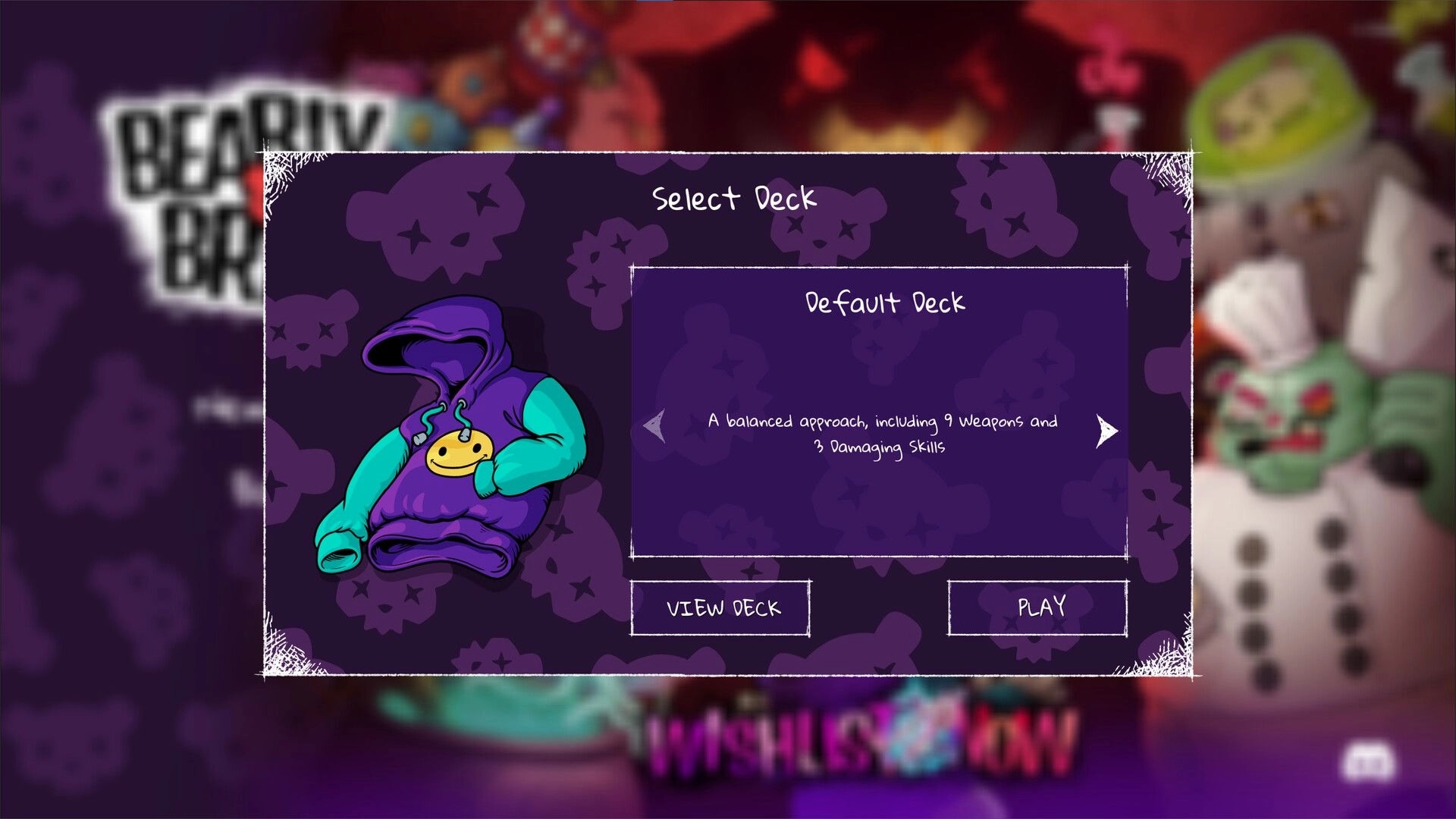 Bearly Brave: Deck selection screen showing Default Deck with balanced weapons and skills in toy shop.