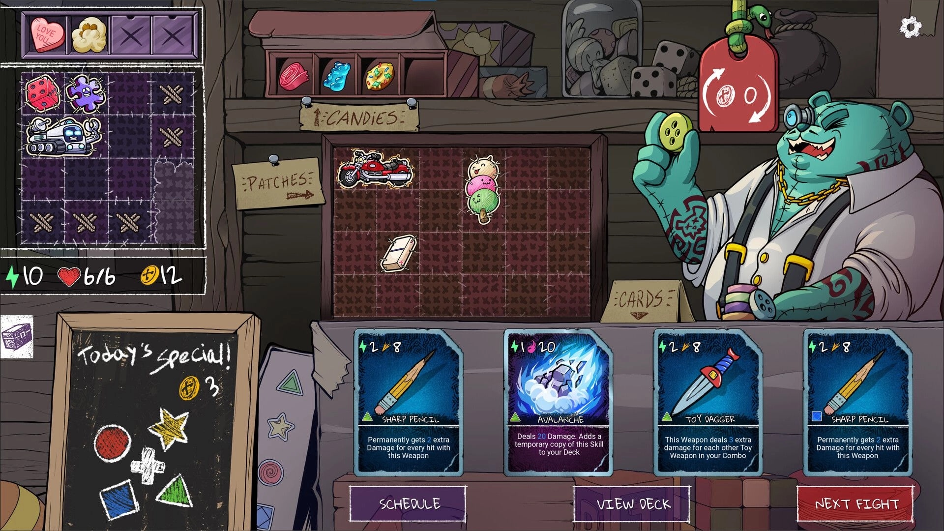 Bearly Brave: Teddy bear merchant with cards and candies in toy shop setting