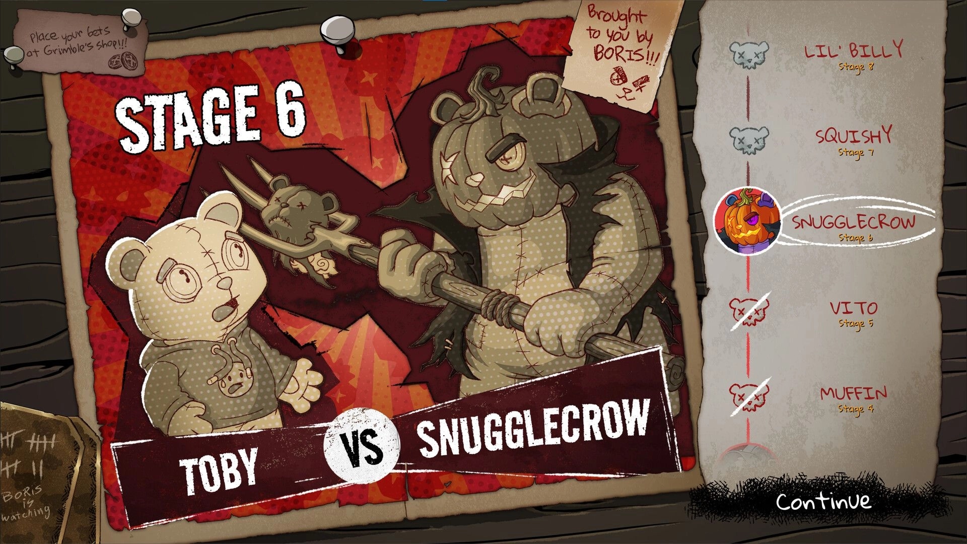 Bearly Brave: Toby faces Snugglecrow in Stage 6 match-up on tournament bracket screen.