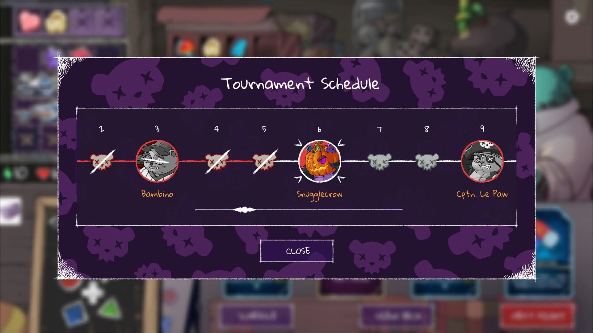Bearly Brave: Tournament schedule with characters Bambino, Snugglecrow, and Cptn. Le Paw in toy shop