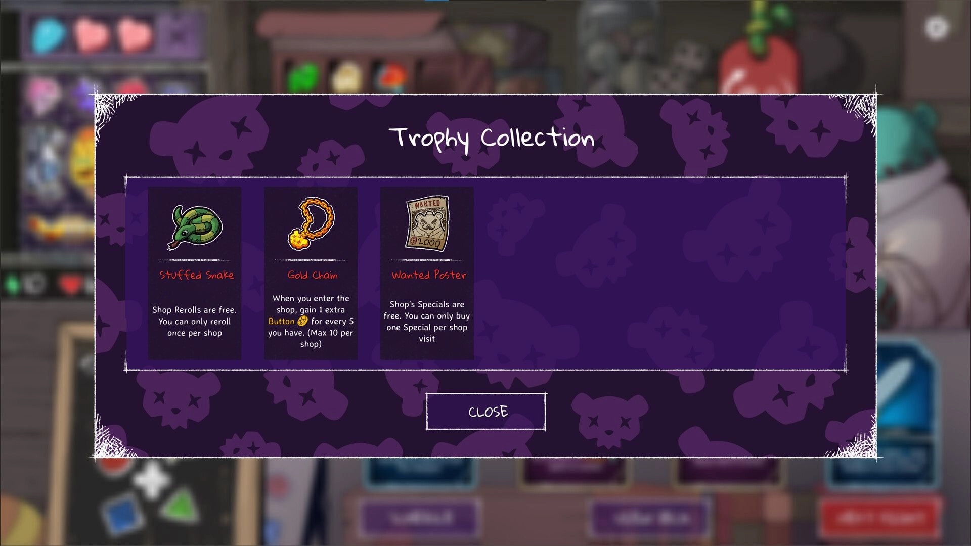Bearly Brave: Trophy Collection screen displaying Stuffed Snake, Gold Chain, and Wanted Poster items.