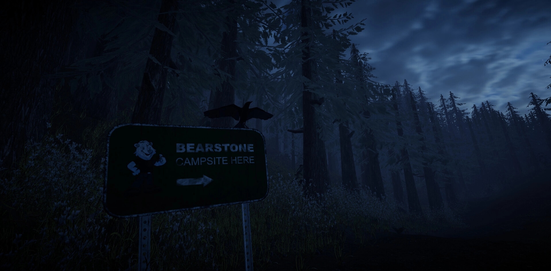 Bearstone Campsite: Dark forest path with a crow perched on a sign pointing towards the campsite entrance.