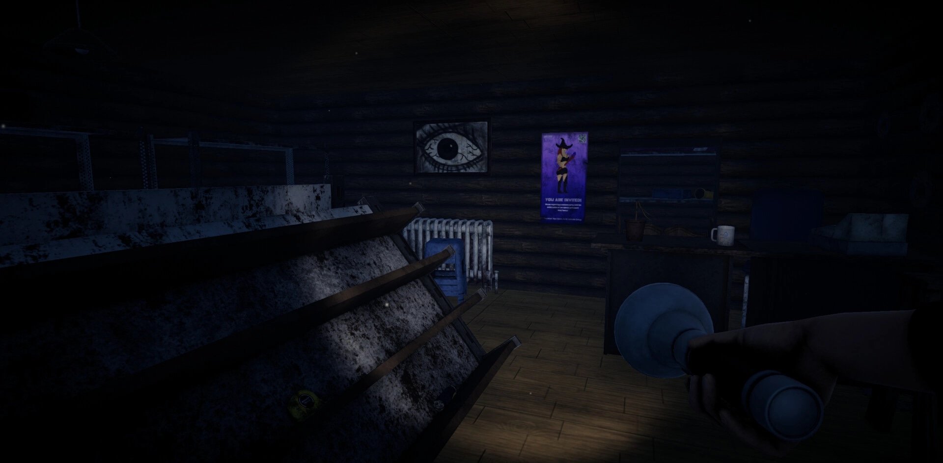 Bearstone Campsite: Exploring dark cabin with flashlight, eerie posters, and dusty shelves in view
