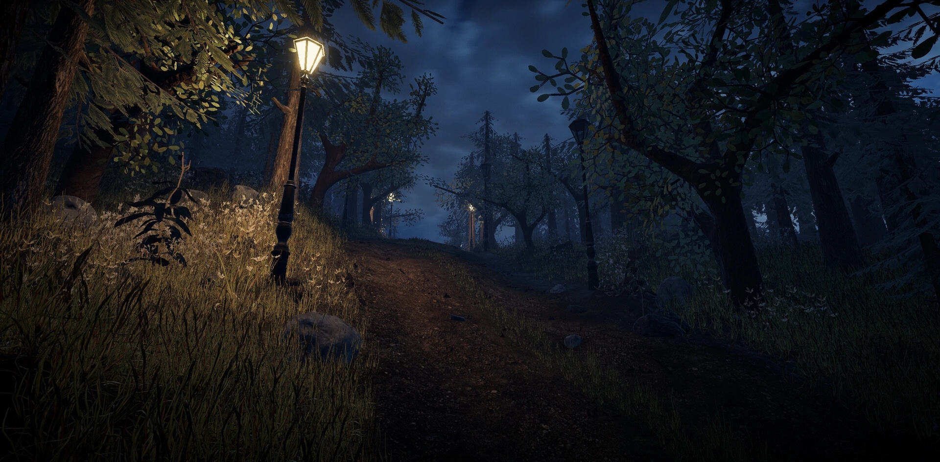 Bearstone Campsite: Player explores dark forest path with a revolver, lit by scattered lampposts