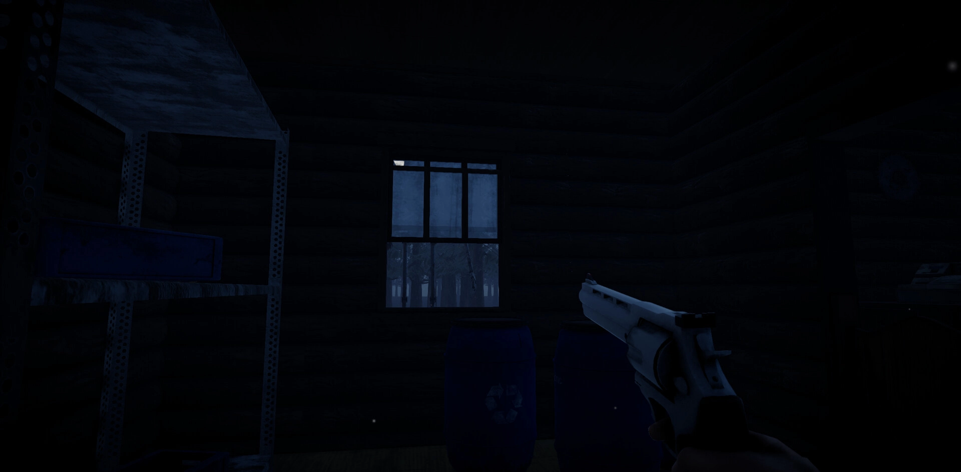 Bearstone Campsite: Player aims gun in dark cabin with window overlooking moonlit forest