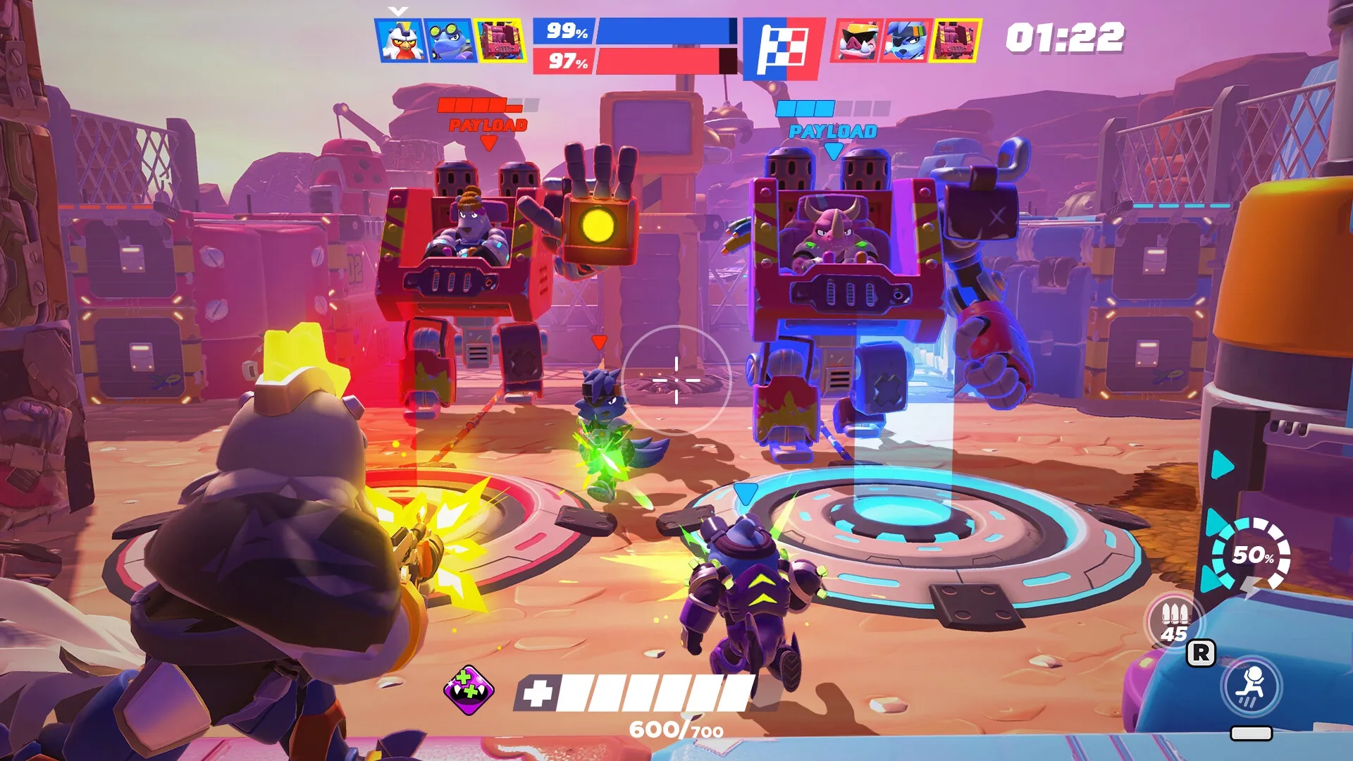 BEAST: Two teams battle with MECHAs and PETs in a vibrant arena, payloads moving under a countdown timer.