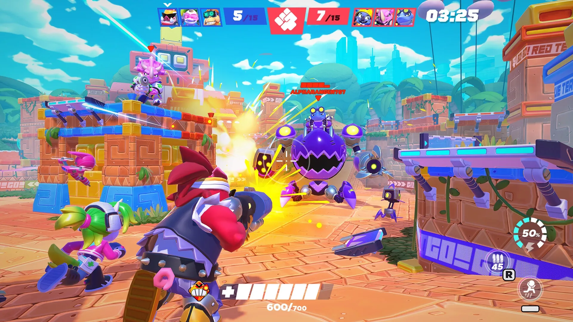 BEAST: Intense battle with players and purple mech in colorful arena setting, health bar visible