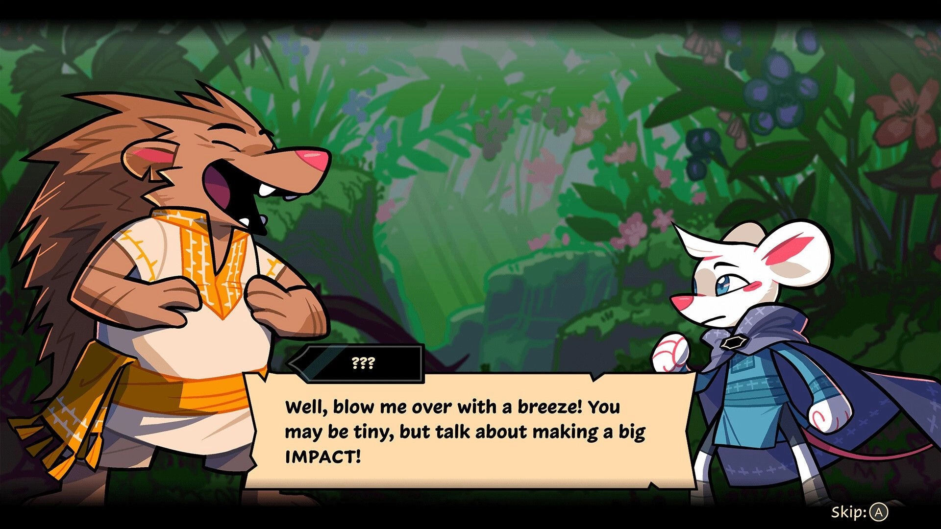 Beast Breaker: Dialogue scene with hedgehog and caped mouse characters in a lush forest backdrop.