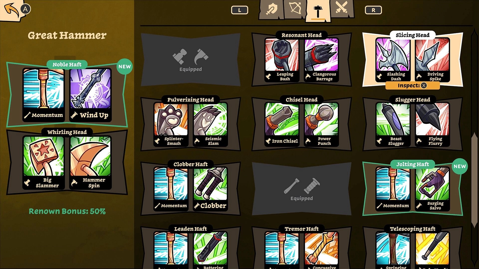 Beast Breaker: Great Hammer equipment menu with haft and head cards, inspect prompt, equipped slots.
