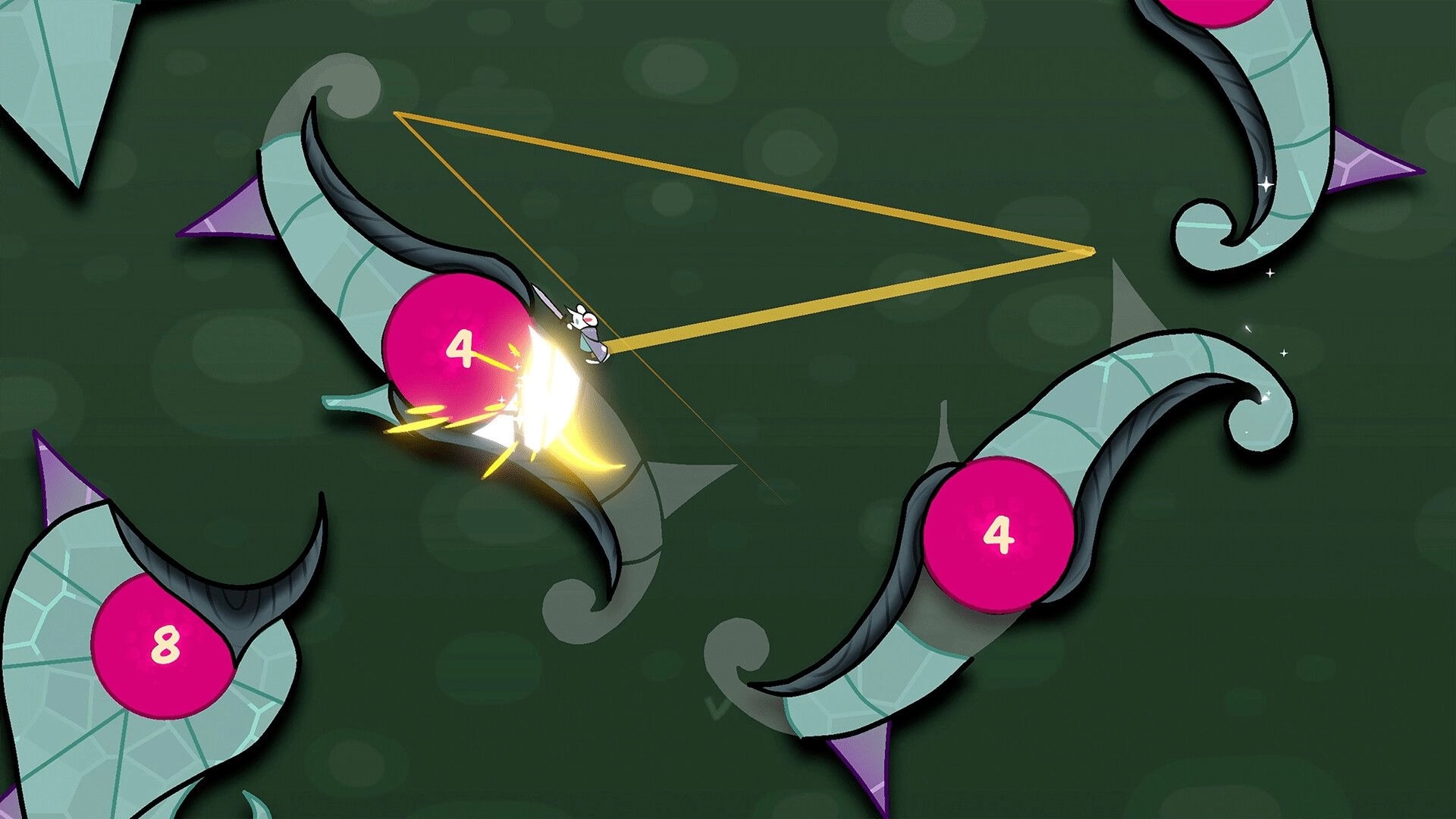 Beast Breaker: Skipper ricochets along a yellow aim path, smashing pink 4 nodes amid clawed segments.
