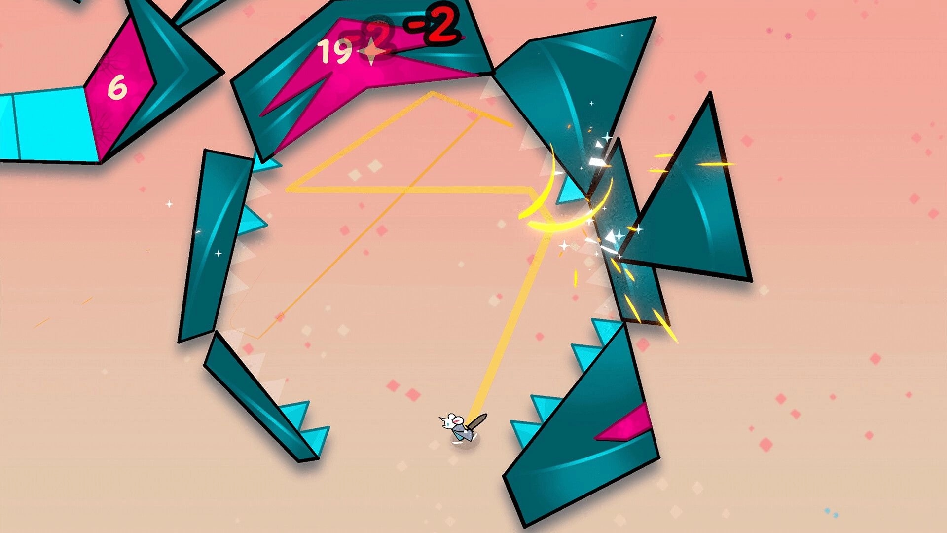 Beast Breaker: Skipper ricochets along a yellow path, cracking teal beast shards on a pink arena.
