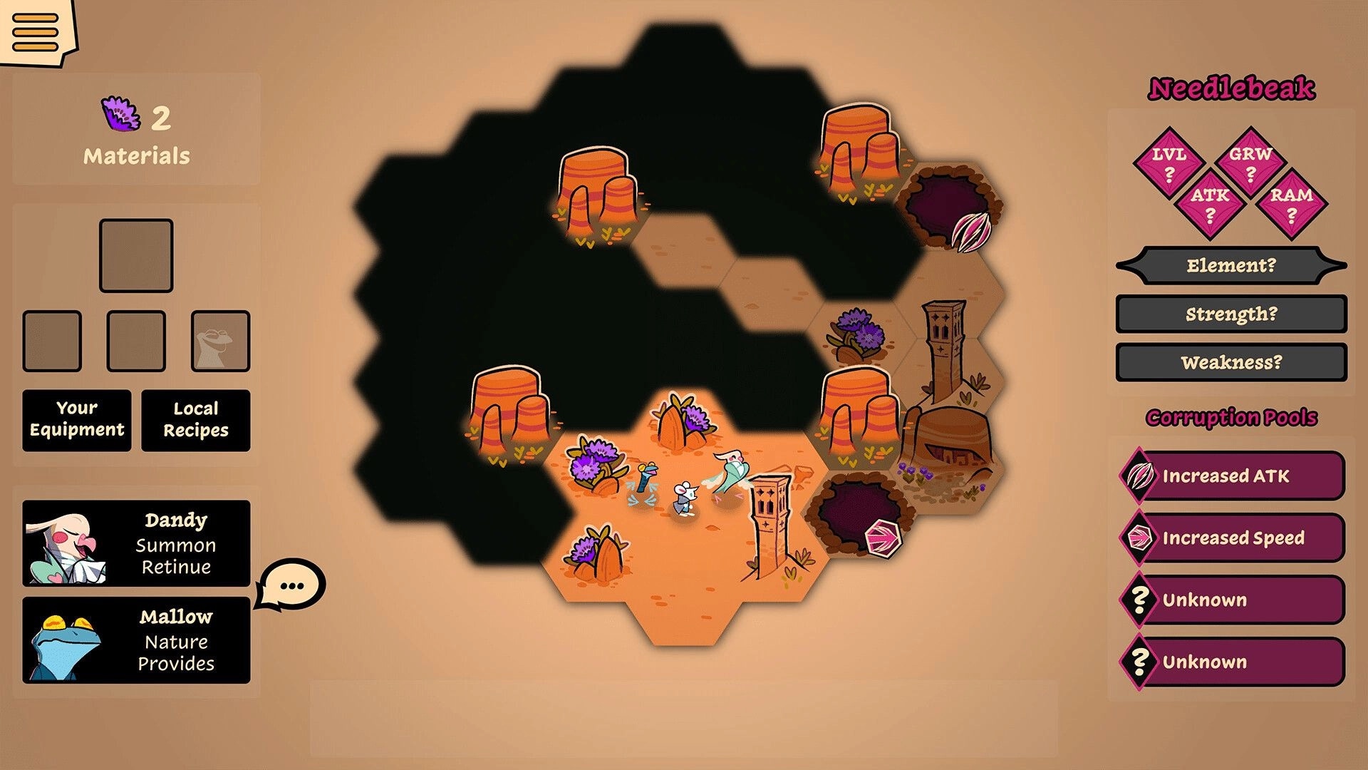 Beast Breaker: Hex map exploration with heroes near ruins and corruption pools in desert canyon UI.