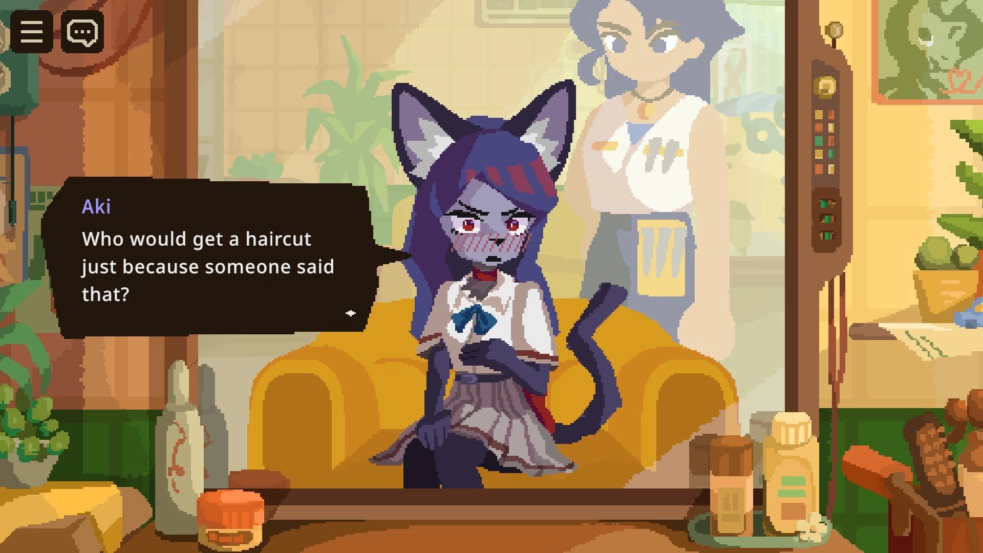Beastfolk Barber: Dialogue scene with Aki on couch in barbershop, menu and chat icons visible.