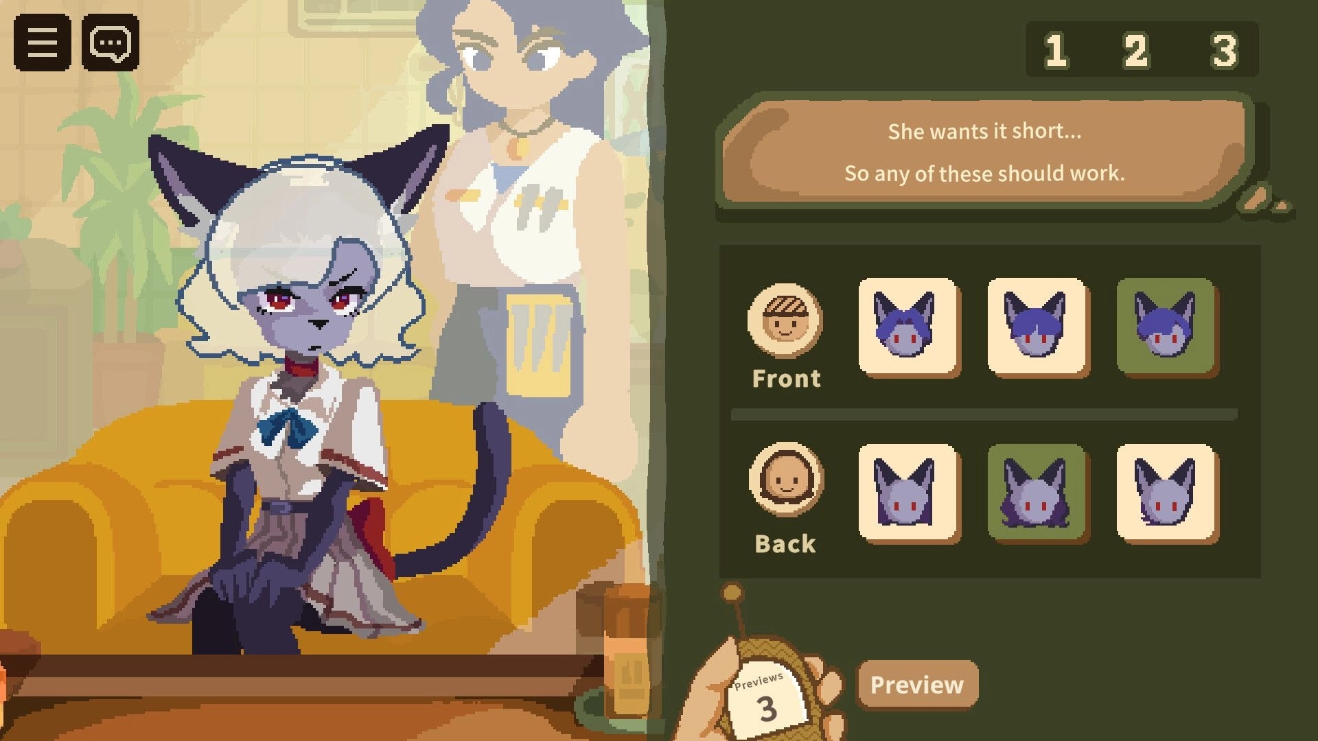 Beastfolk Barber: Catgirl client on couch as hairstyle front/back options and preview UI fill screen.