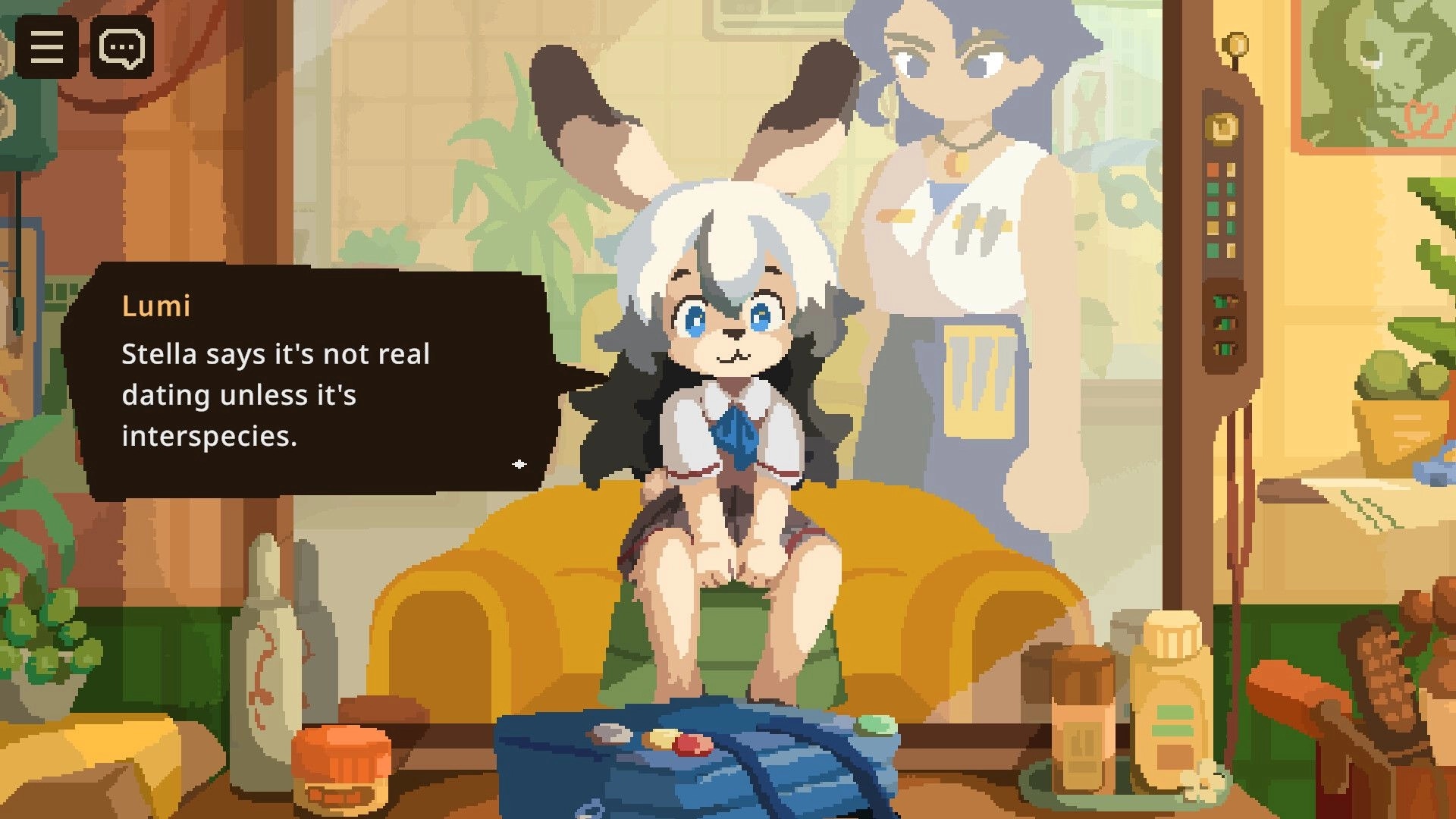 Beastfolk Barber: Dialogue with Lumi on salon chair, barber behind, tool palette and chat icons visible.