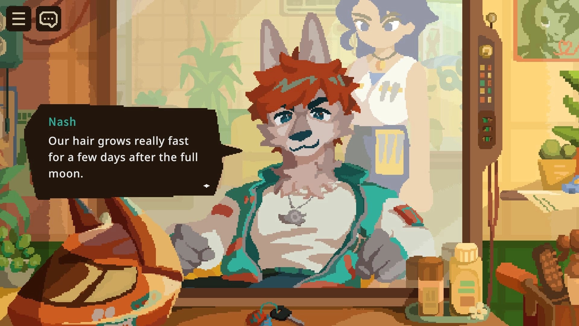Beastfolk Barber: Nash chats in dialogue box at barber chair, with salon tools and portrait UI panel.
