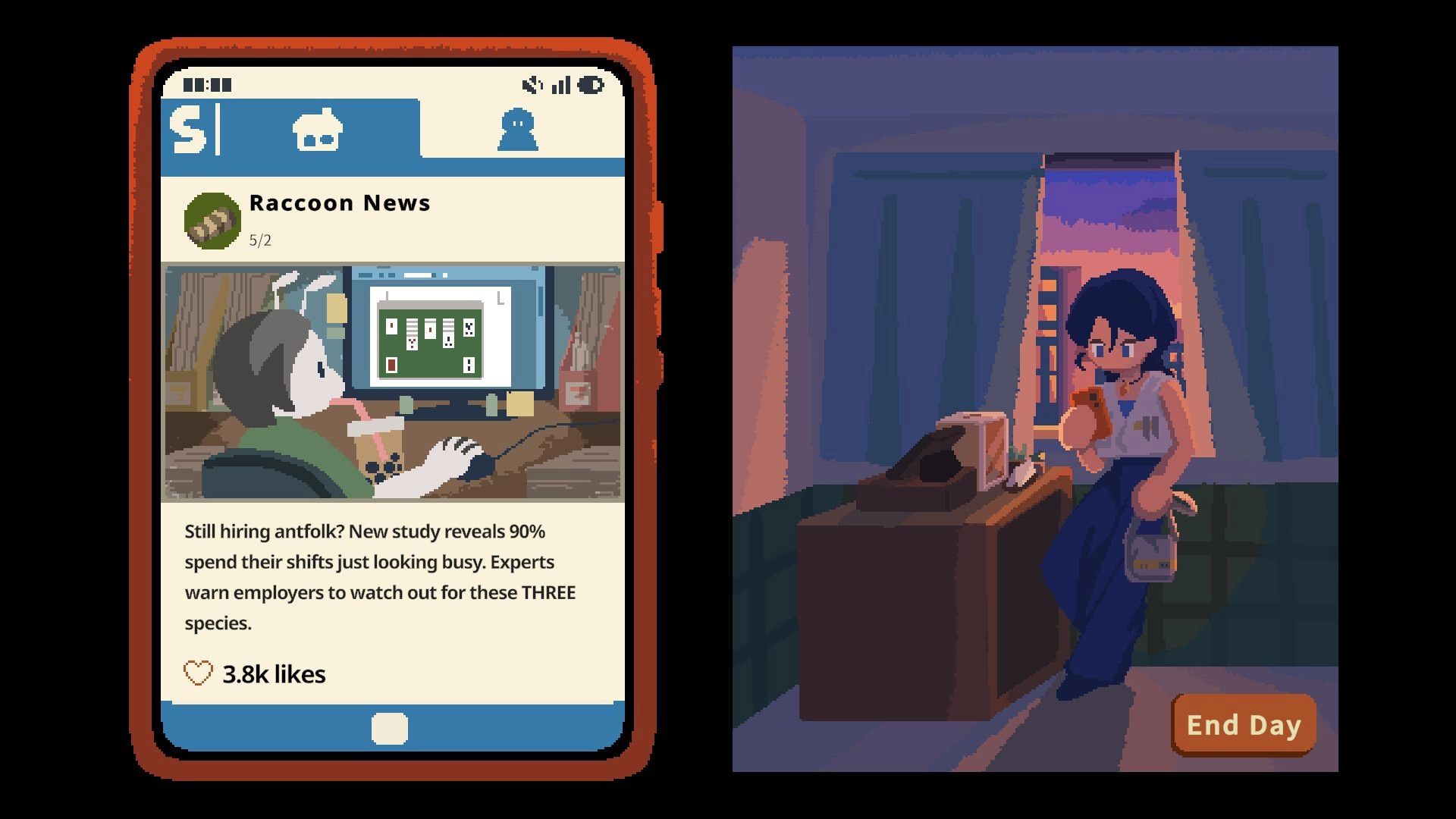 Beastfolk Barber: Phone UI on Raccoon News post beside character in room with End Day button.