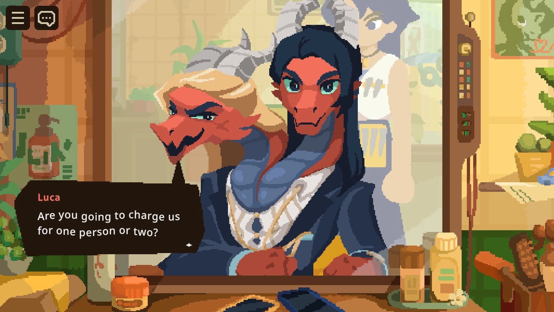 Beastfolk Barber: Luca talks in dialogue box as two beastfolk sit at a barbershop station with tools.