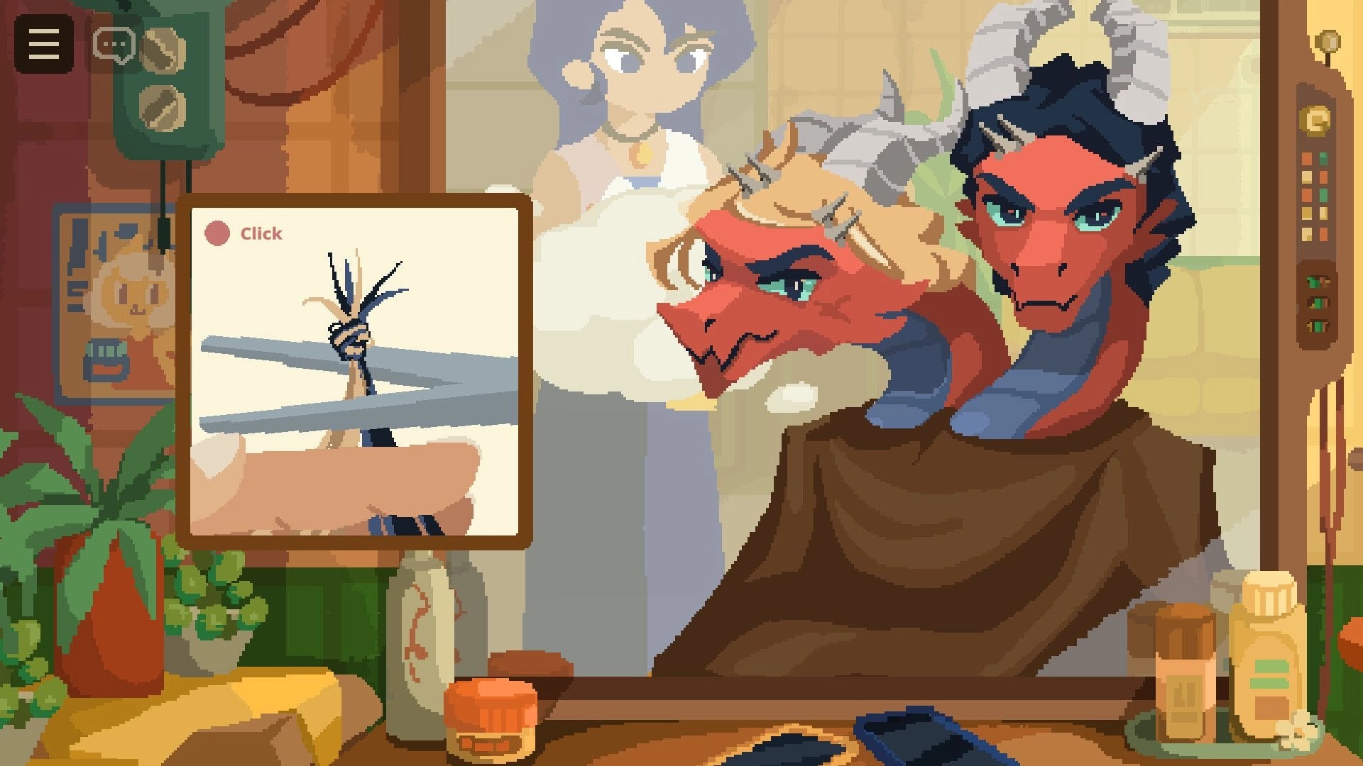 Beastfolk Barber: Snipping hair on a two-headed dragon client at the barbershop, click prompt UI visible.