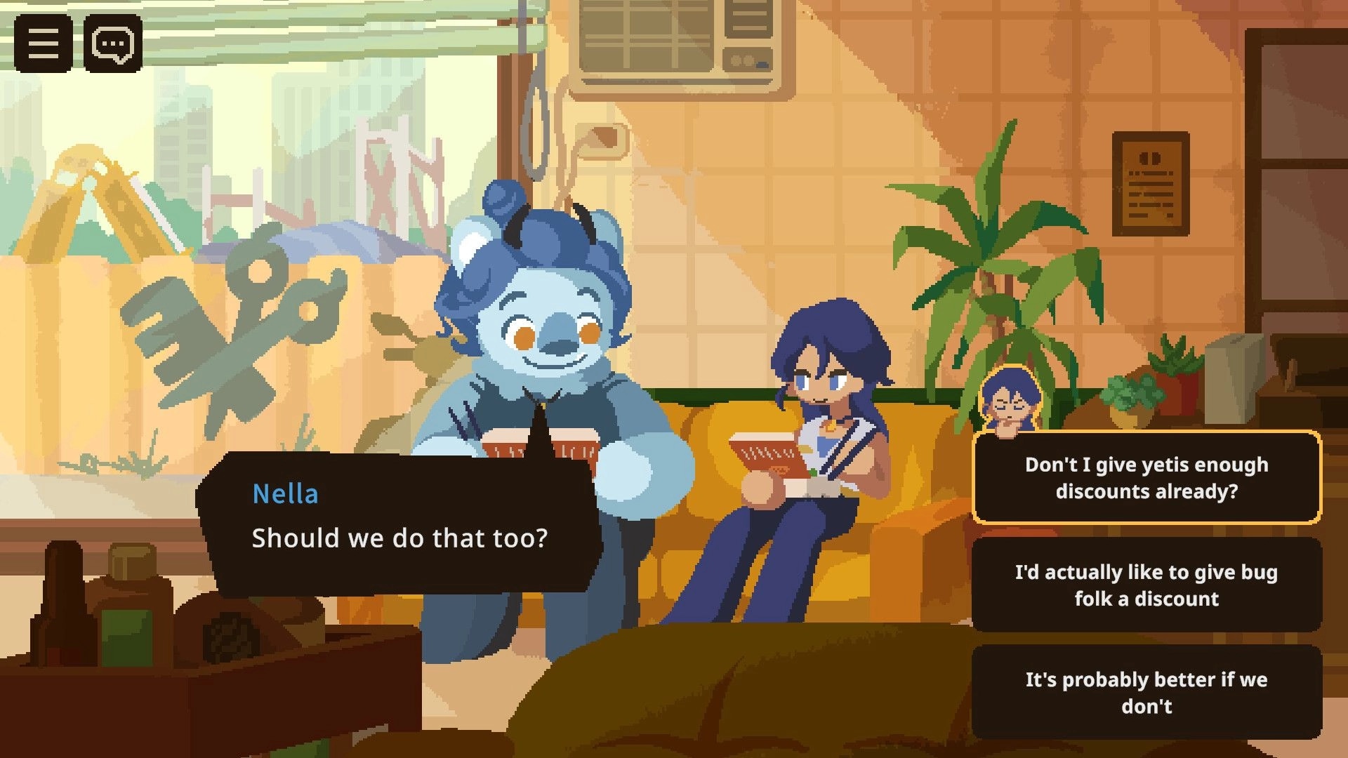 Beastfolk Barber: Nella dialogue choice screen with yeti and two humans on a couch in a salon lobby.