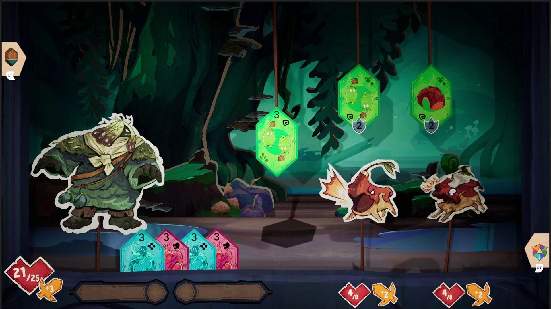 Beastro: Forest battle scene with character cards and glowing ingredient icons hanging in the background