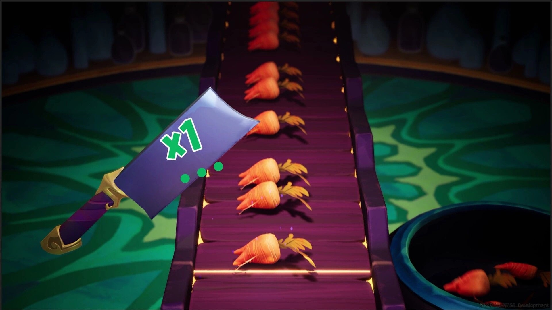 Beastro: Conveyor belt with carrots and a cleaver displaying "x1" in a vibrant kitchen setting