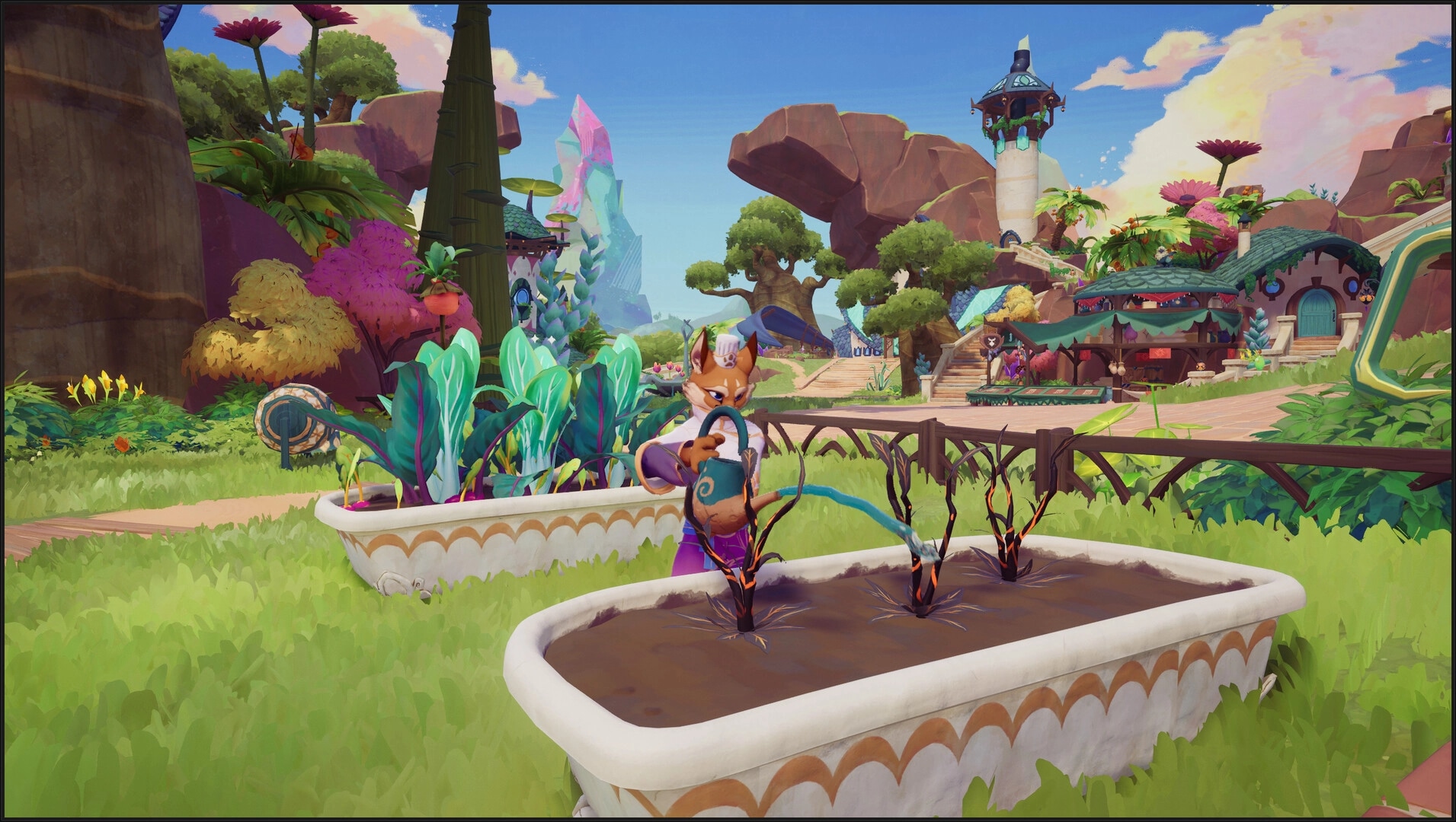Beastro: Character watering plants in a vibrant garden with fantasy buildings and colorful foliage