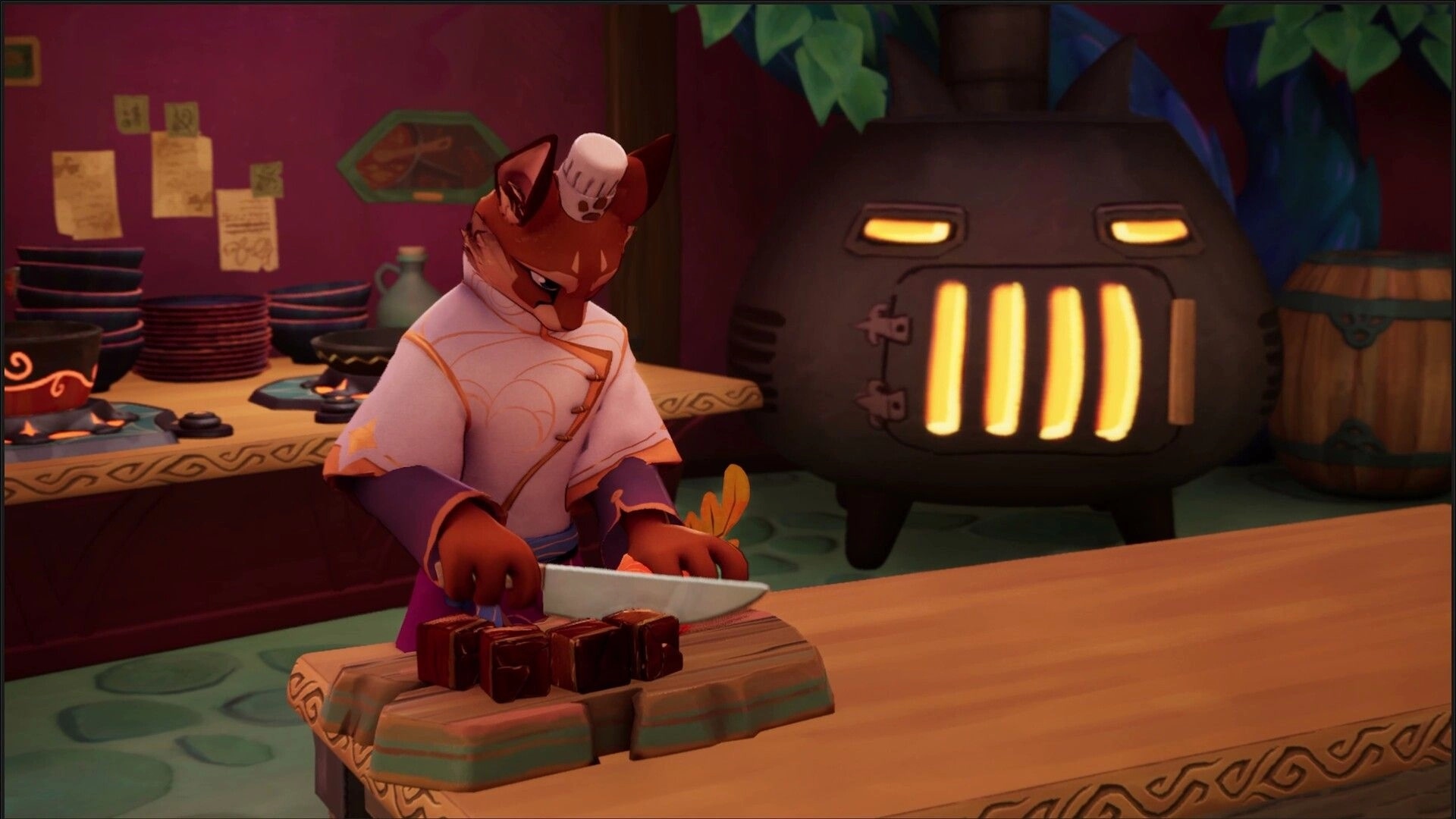 Beastro: Fox character chopping food on wooden counter beside a glowing oven in cozy kitchen setting