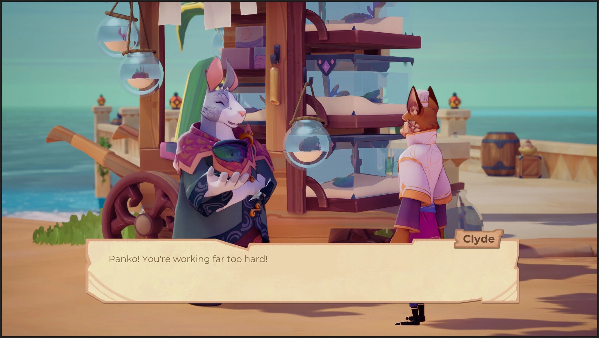 Beastro: Clyde converses with Panko by the seaside market stall, holding a vibrant dish in hand.