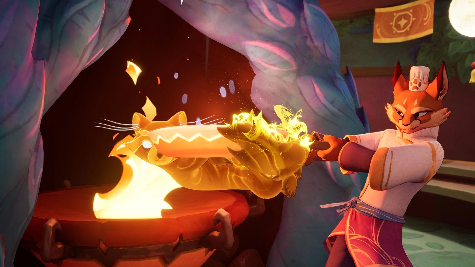 Beastro: Fox chef character cooking with magic spatula in a vibrant, fantasy kitchen setting.