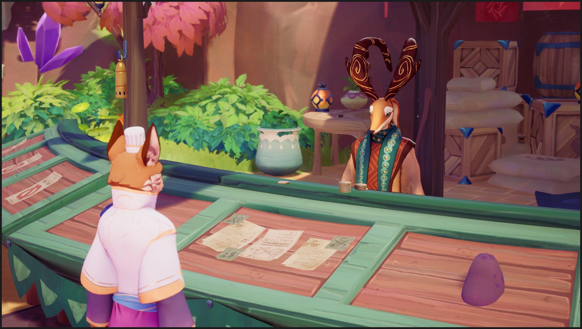 Beastro: Fox character in chef's attire interacts with antlered merchant in vibrant market setting
