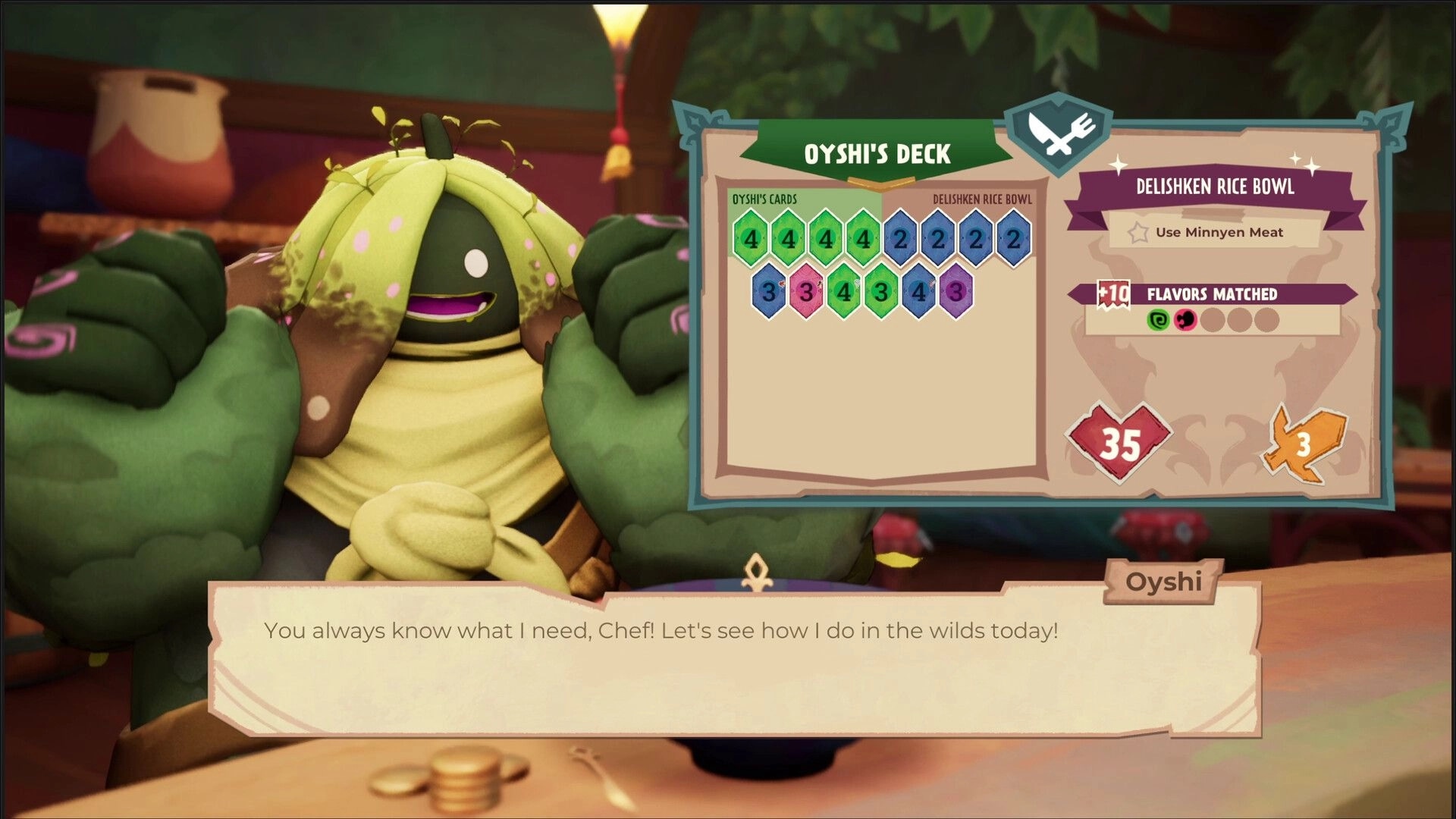 Beastro: Oyshi character with deck and Delishken Rice Bowl recipe interface in cozy kitchen setting