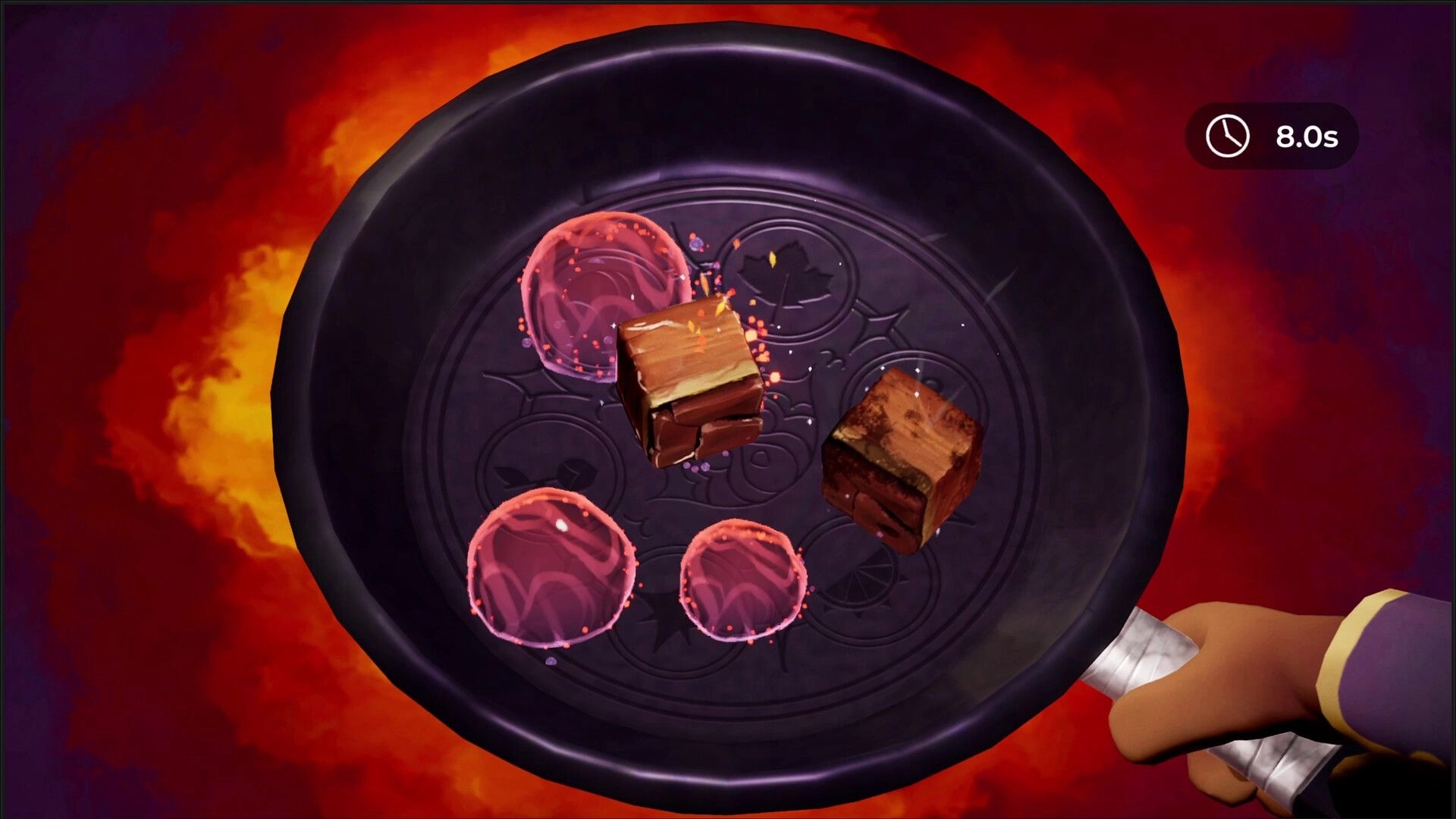 Beastro: Cooking timer active while character flips food in a pan over a fiery background