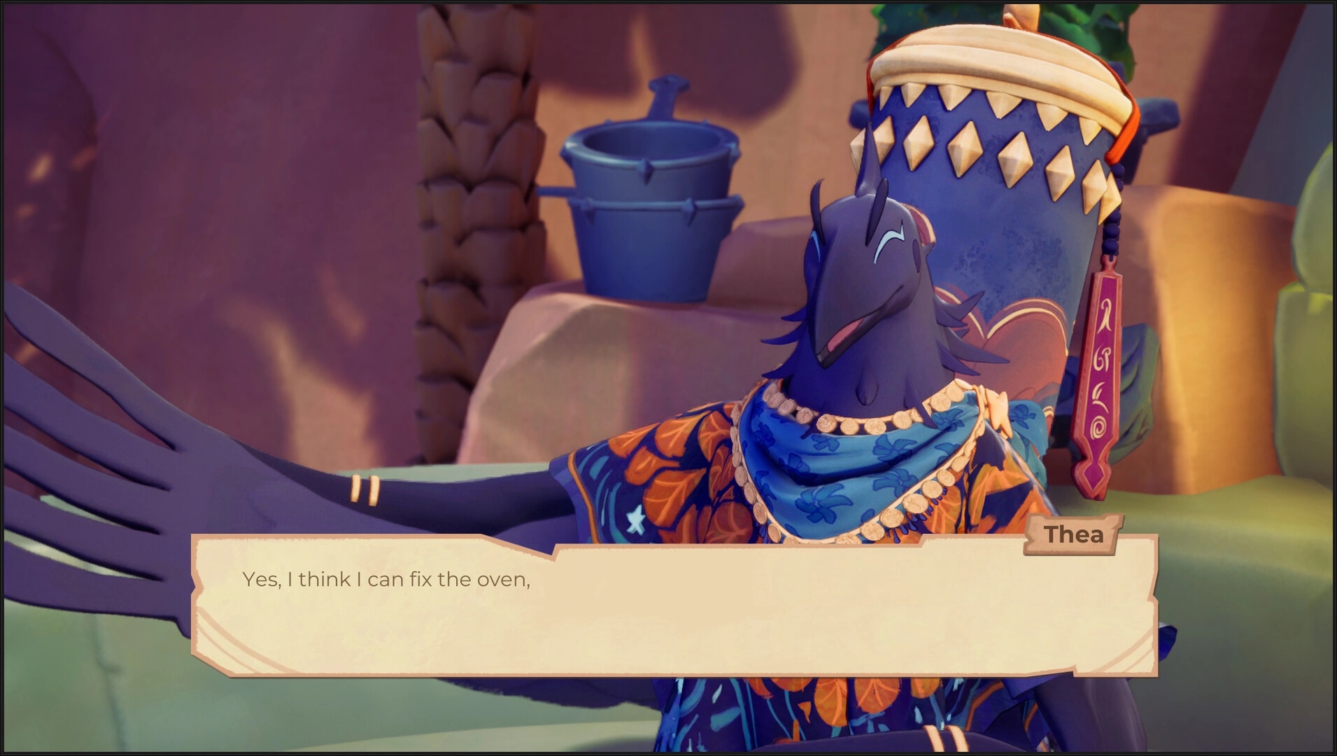 Beastro: Thea speaking with confidence in a cozy kitchen setting, promising to fix the oven.