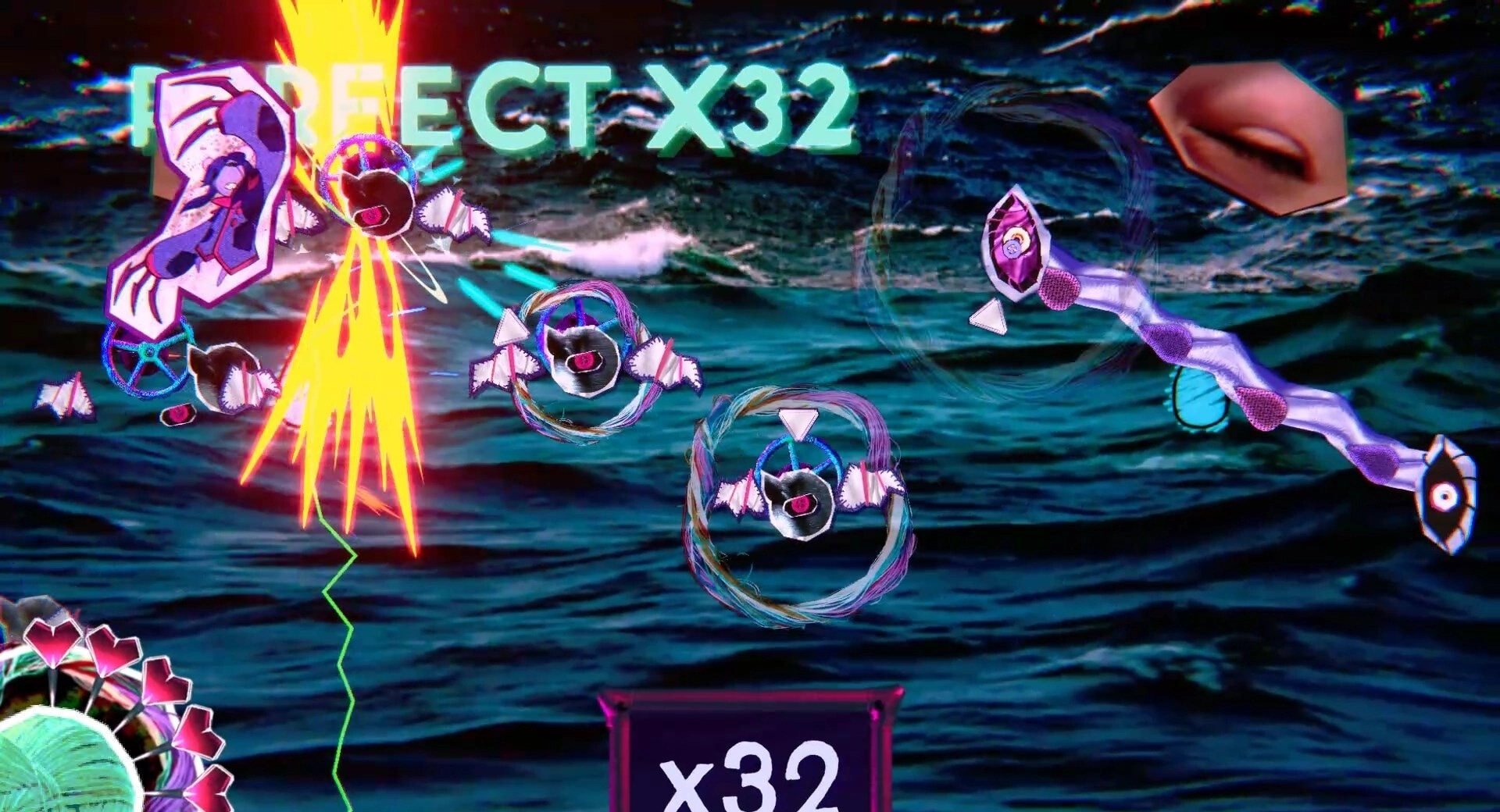 Beat, Heart, Beat: Combo attack with vibrant effects and score multiplier over swirling ocean backdrop