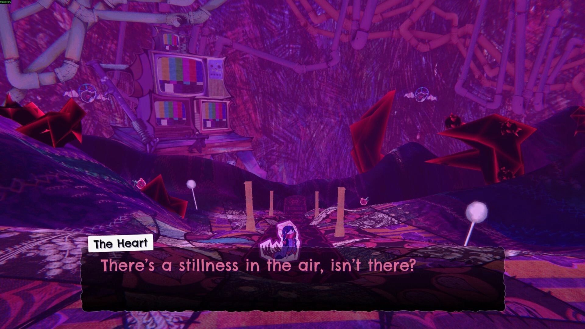 Beat, Heart, Beat: Character dialogue in vibrant, surreal landscape with TV screens and pipes