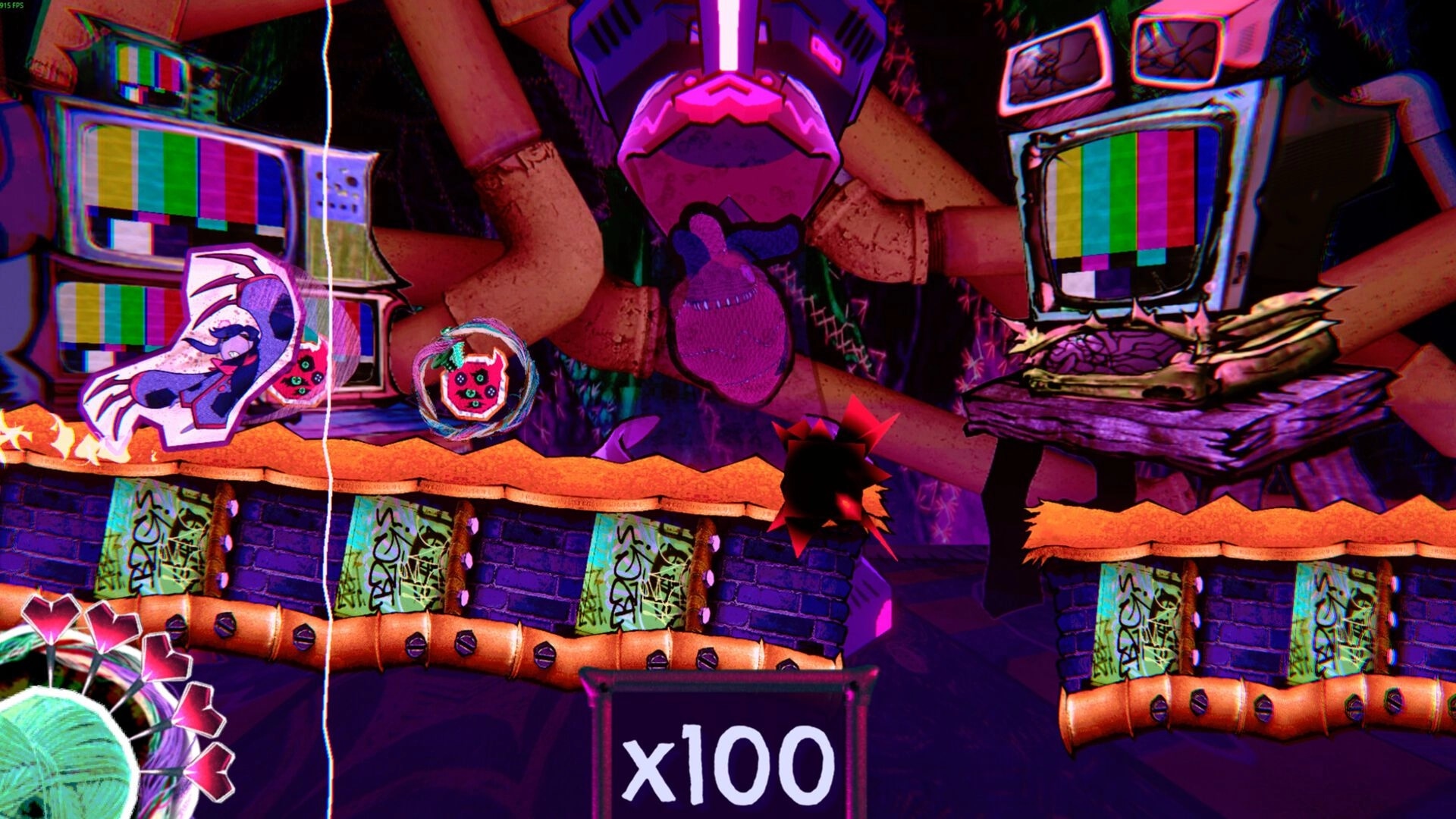 Beat, Heart, Beat: Psychedelic platforming with TV-headed enemies and vibrant, surreal background.