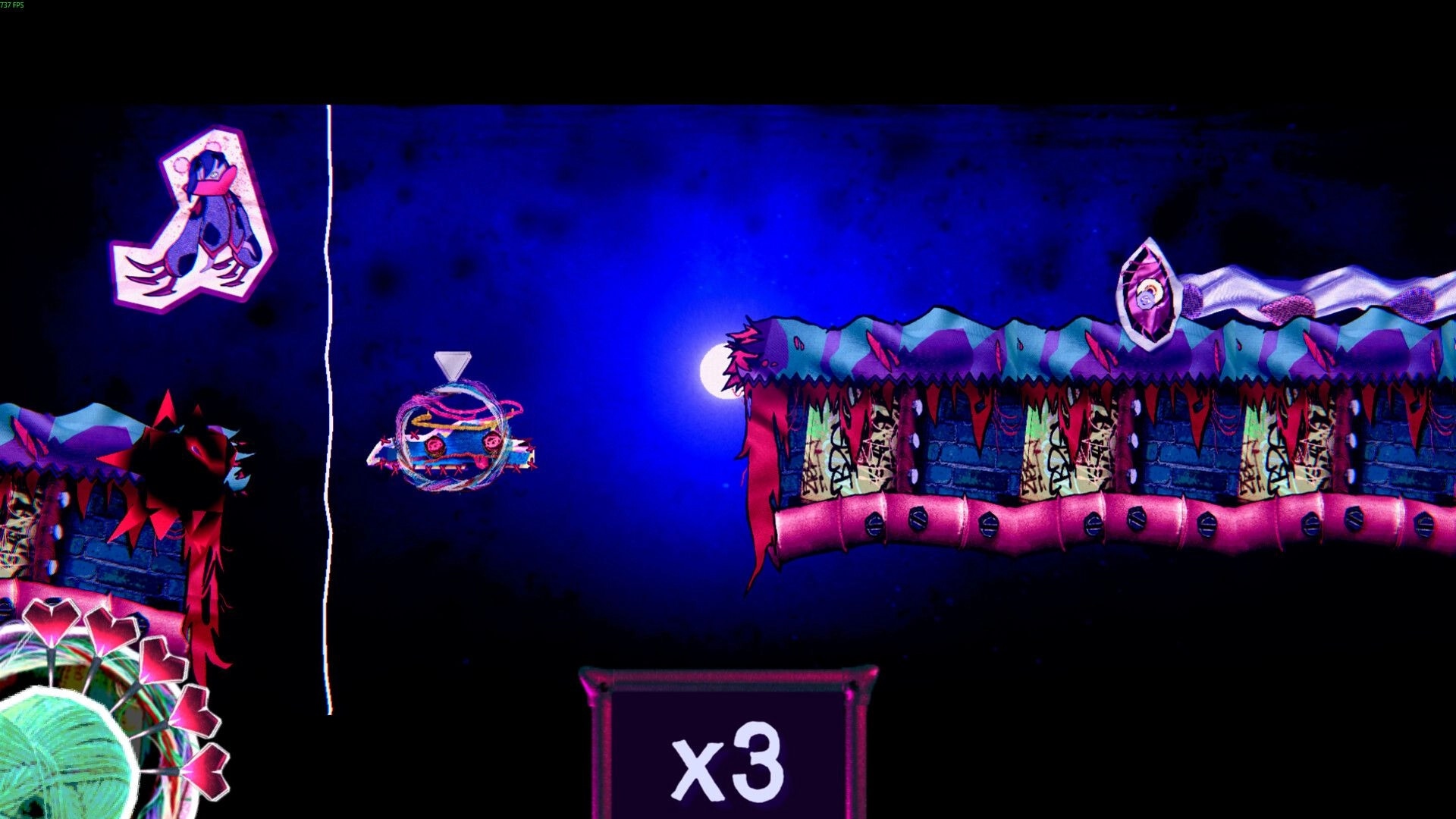 Beat, Heart, Beat: Character jumps towards floating enemy with neon landscape background, combo counter x3.
