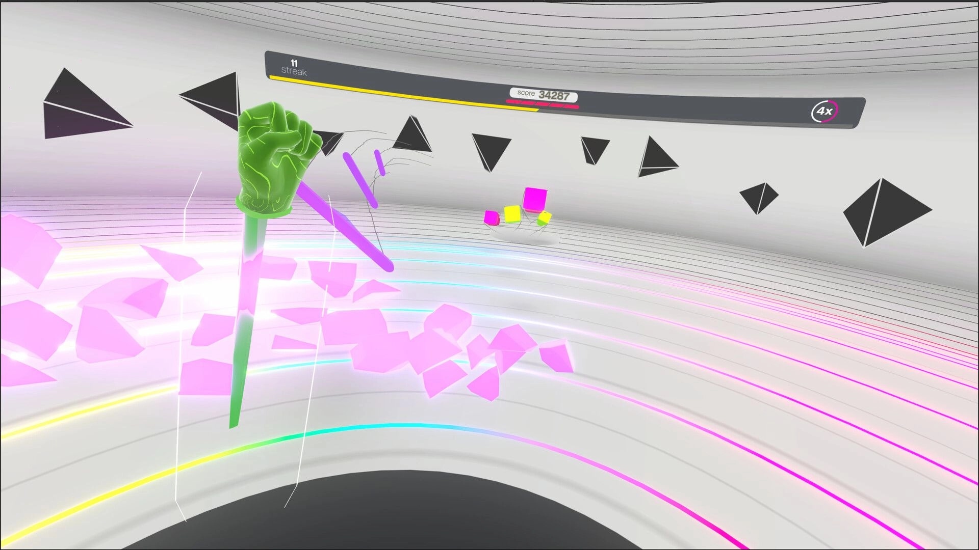 Beat the Beats VR: Neon fist punches through colorful shapes in a futuristic rhythm arena.