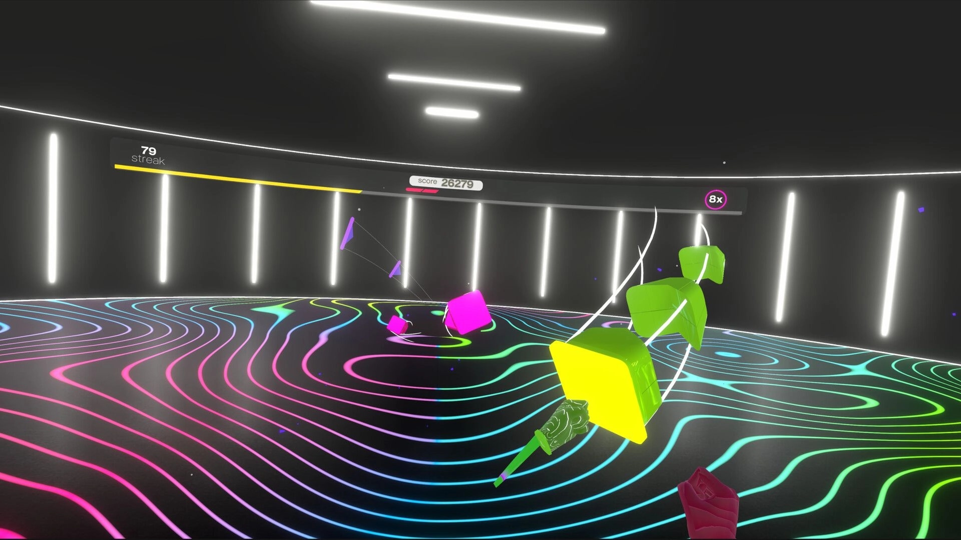 Beat the Beats VR: Player punches colored cubes in neon-lit arena with score and streak counters visible