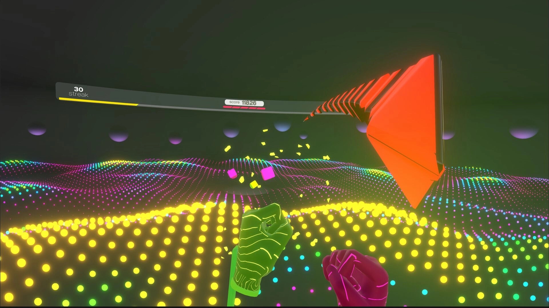 Beat the Beats VR: Player punching colorful cubes in vibrant neon grid environment with score display