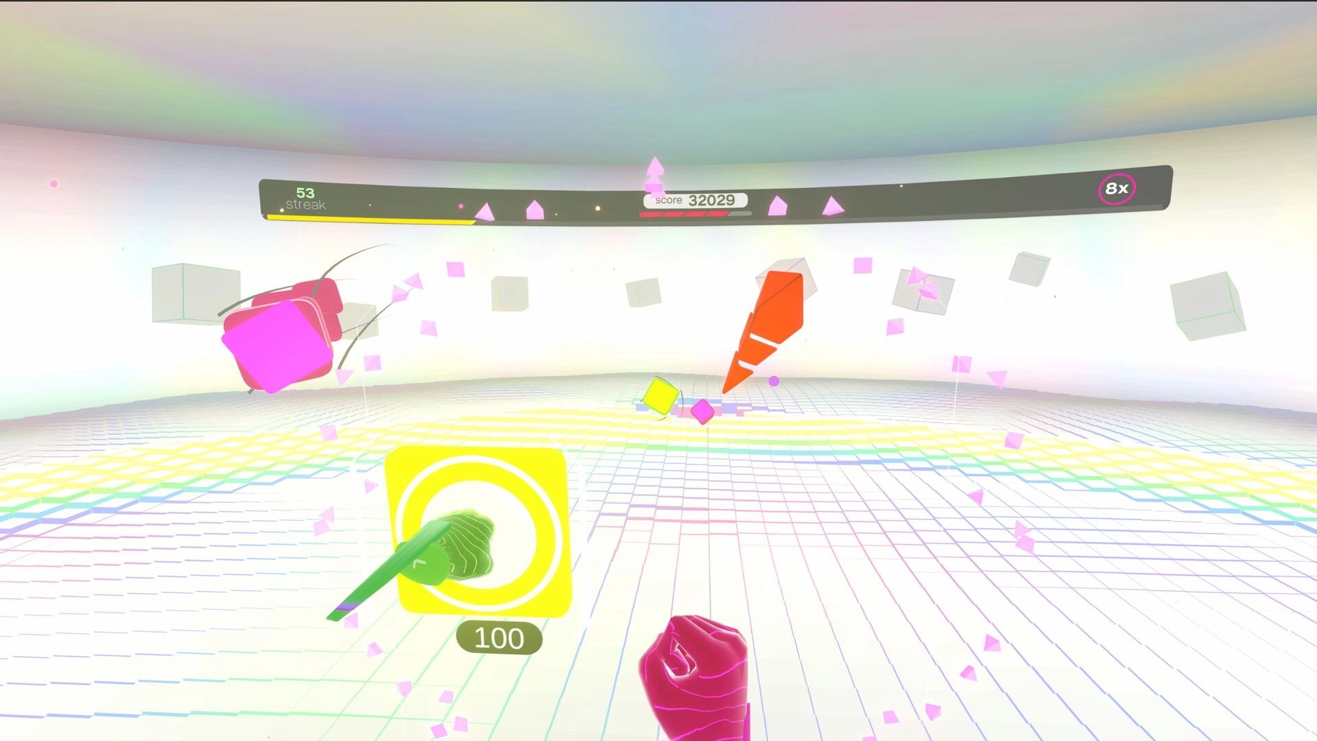 Beat the Beats VR: Player punches colorful shapes in a vibrant, grid-lined virtual arena with score display.