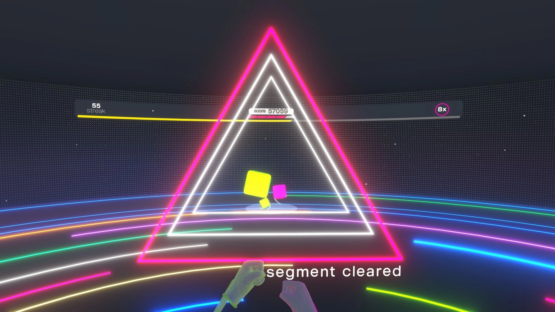 Beat the Beats VR: Player punches neon cubes inside a vibrant triangular arena with score display
