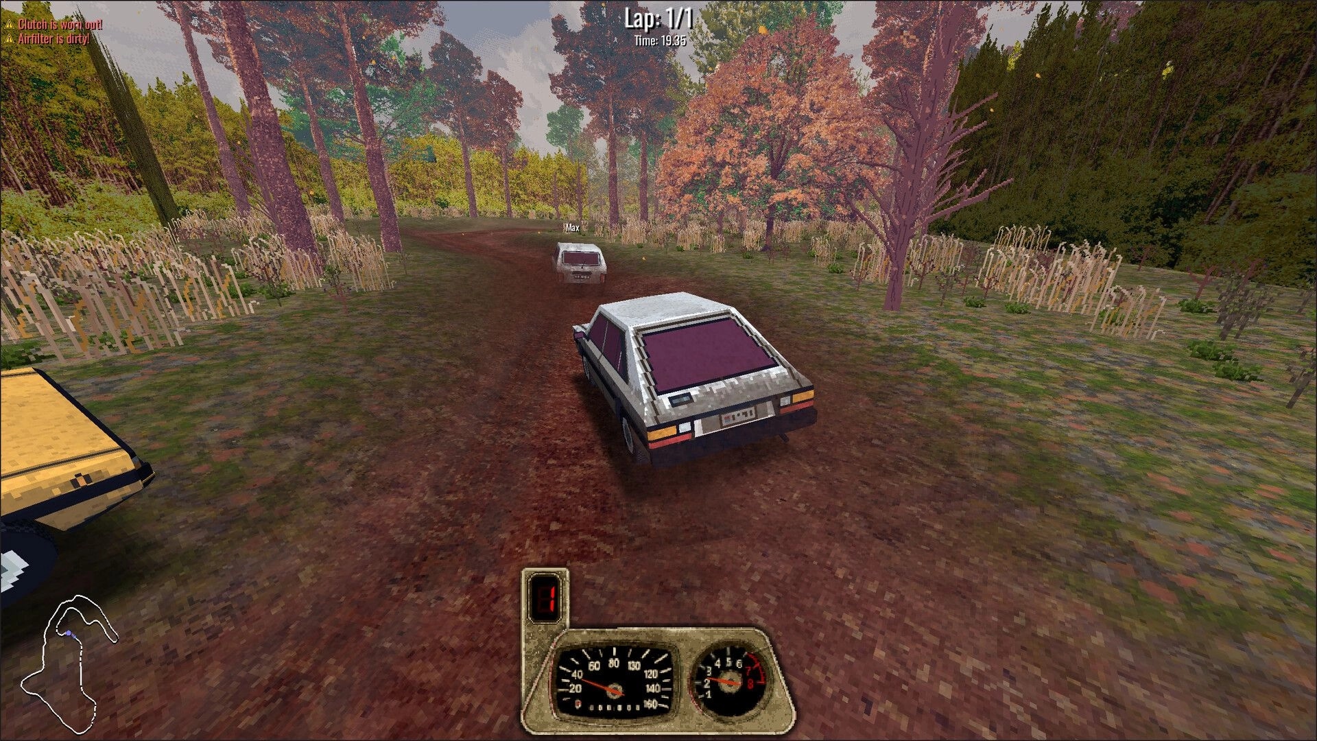 BeaterCore: Racing beaters on a dirt track through a forest with HUD showing speed and gear indicators