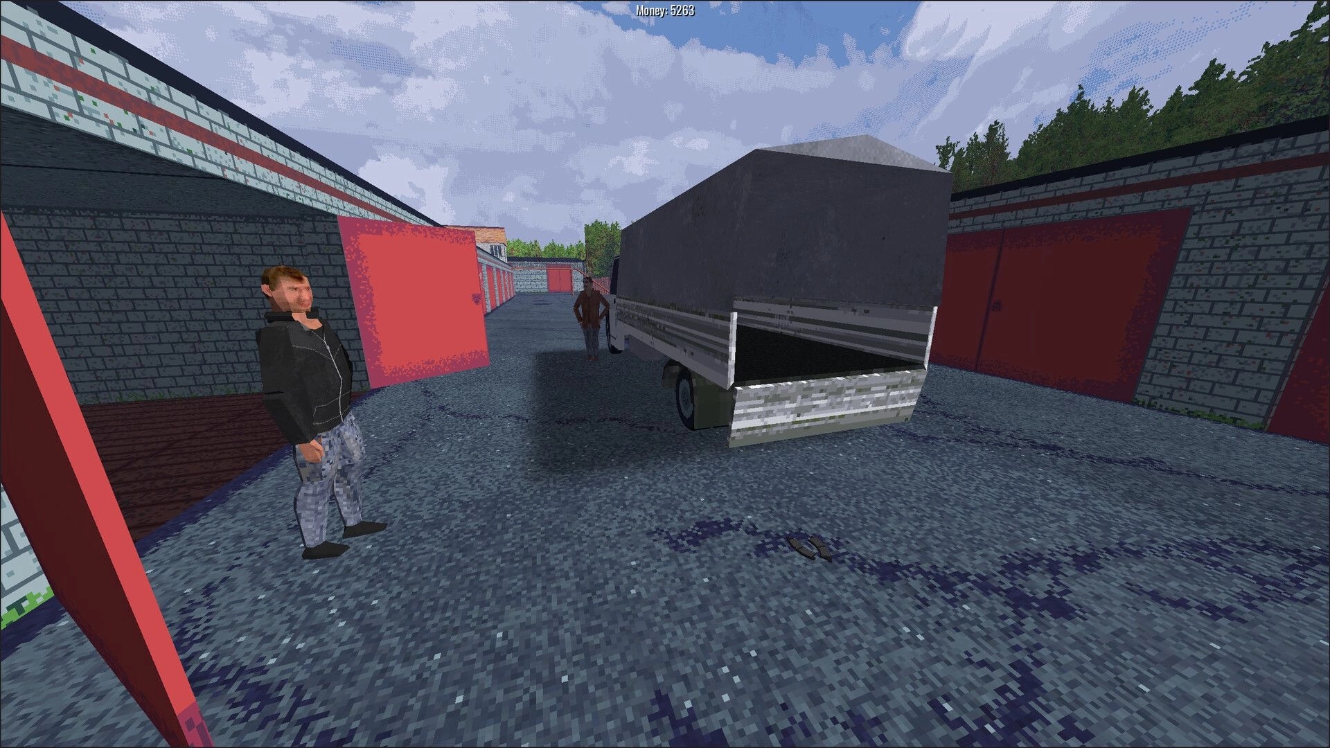 BeaterCore: Two characters stand near a rusty truck in a garage lot with open red doors and cloudy sky.