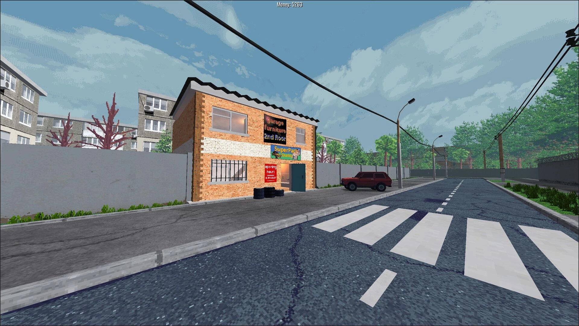 BeaterCore: Street view with a garage storefront, parked car, and power lines under a cloudy sky