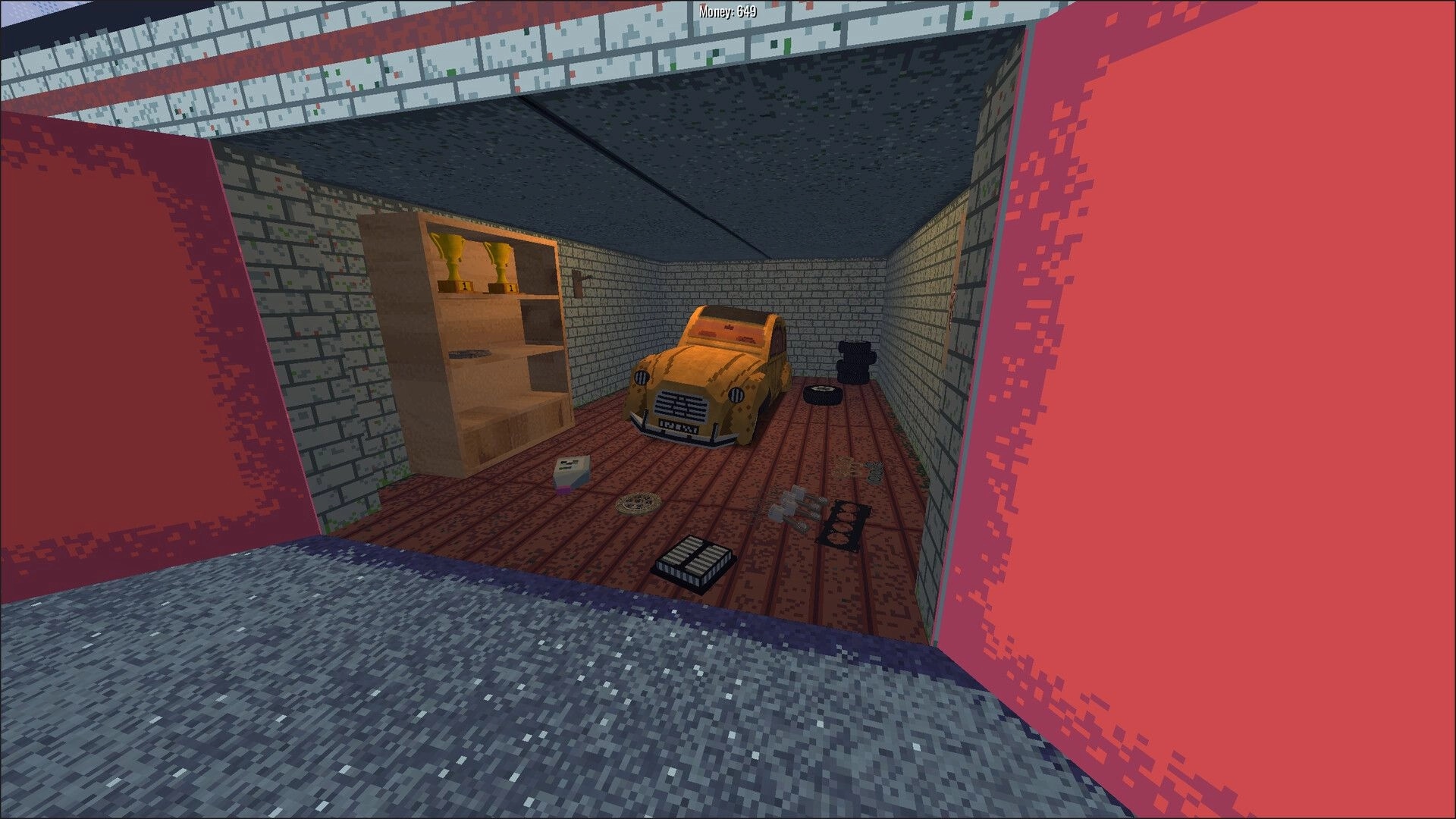 BeaterCore: Rusty yellow car in garage with scattered parts and shelves in brick-walled repair shop.