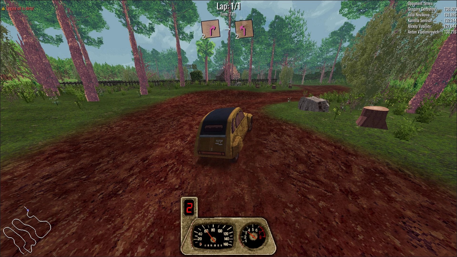 BeaterCore: Rusty car racing on a dirt track in forest setting with speedometer and lap info visible