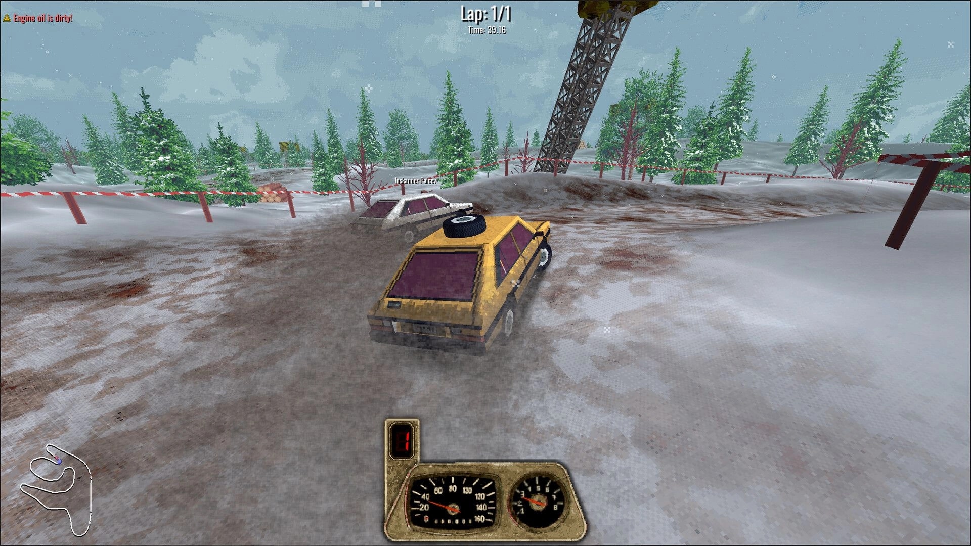 BeaterCore: Yellow beater car racing on snowy track with speedometer and lap details visible